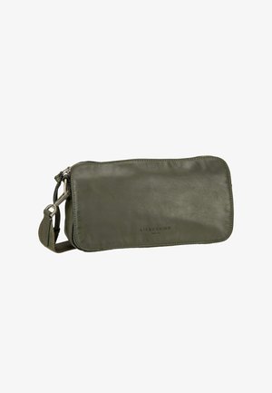 Borsa a tracolla rettangolare in pelle verde oliva con chiusura con zip, cinturino in tessuto regolabile e logo "Liebeskind Berlin" sul davanti.