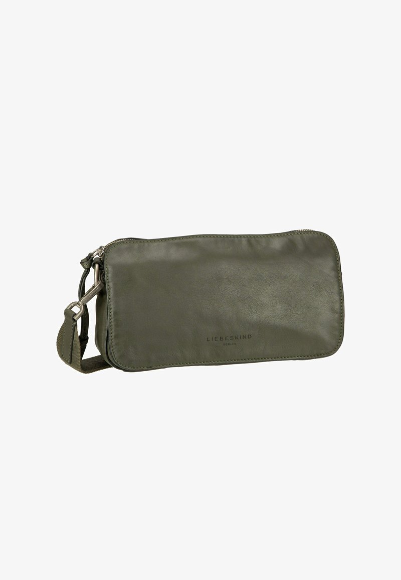 Oliwkowa skórzana prostokątna torebka crossbody z zapięciem na zamek, regulowanym materiałowym paskiem i logo "Liebeskind Berlin" z przodu.