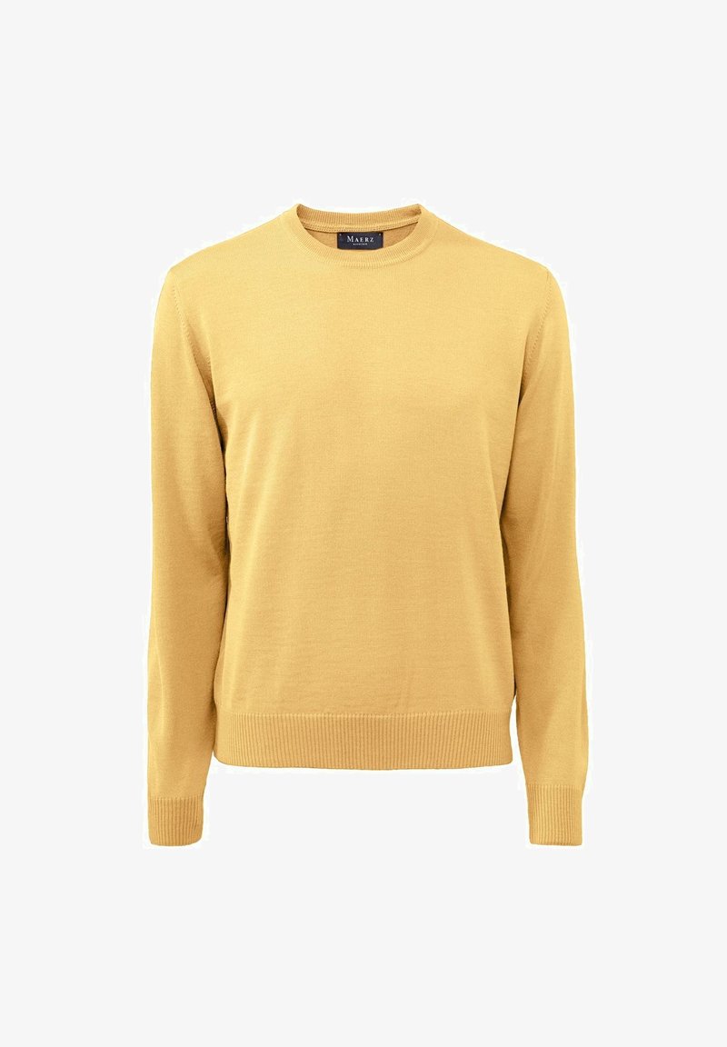 Żółty dzianinowy sweter z okrągłym dekoltem, długimi rękawami, ribbowanymi mankietami i dołem, charakteryzujący się gładką fakturą i jednolitym kolorem.