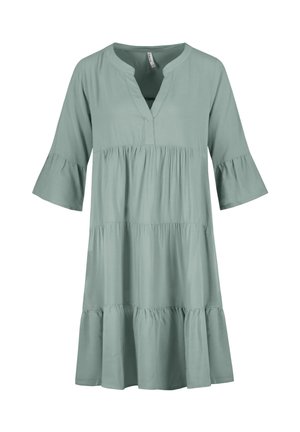 Hellgrünes Kleid, knielang, mit V-Ausschnitt, dreiviertellangen Rüschensleeves und gestuftem Rockdesign. Glattes Material mit lockerer Passform.
