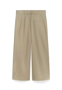 Pantaloni beige a gamba larga con cintura elasticizzata, tasca posteriore singola e tessuto leggero e morbido. Taglio dritto fino alle caviglie.