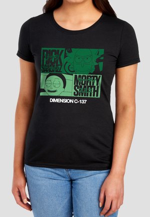 Black t-shirt with green graphic featuring Rick and Morty faces, text "Rick Sanchez," "Morty Smith," and "Dimension C-137."