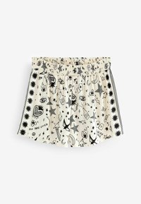 Witte shorts met zwarte grafische ontwerpen, waaronder sterren, harten, ogen en tekst. Elastische tailleband en contrasterende zijstrepen.