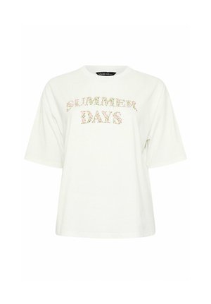 Witte T-shirt met korte mouwen en de tekst "SUMMER DAYS" in een bloemenpatroon over de borst, met een ronde halslijn.