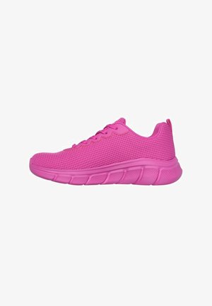 Rosafarbene Sportschuhe mit einem Mesh-Obermaterial, runder Zehenpartie, sechs Ösen, gepolstertem Kragen und einer gepolsterten Sohle mit Wellenmuster.