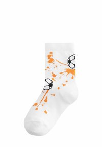 Calzini di cotone bianchi con palloni da calcio neri e motivi a spruzzo arancioni. Tessuto morbido con una vestibilità aderente, adatti per un uso casual.