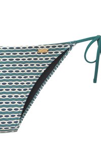 Donji dio bikinija plave i bijele boje s uzorkom ovalnih oblika, bočnim vezanjem i malom zlatnom oznakom brenda na lijevoj strani.