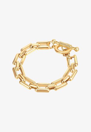 Pulsera de cadena en tono dorado con eslabones alargados, un cierre de toggles texturizado y un acabado suave. Mide aproximadamente 18 cm de longitud.