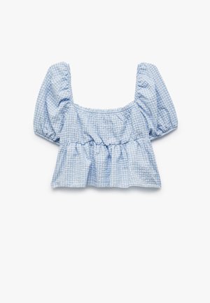 Hellblau kariertes Blusenshirt mit quadratischem Ausschnitt, Puffärmeln und einem Peplum-Saum; weicher, strukturierter Stoff mit Raffung.
