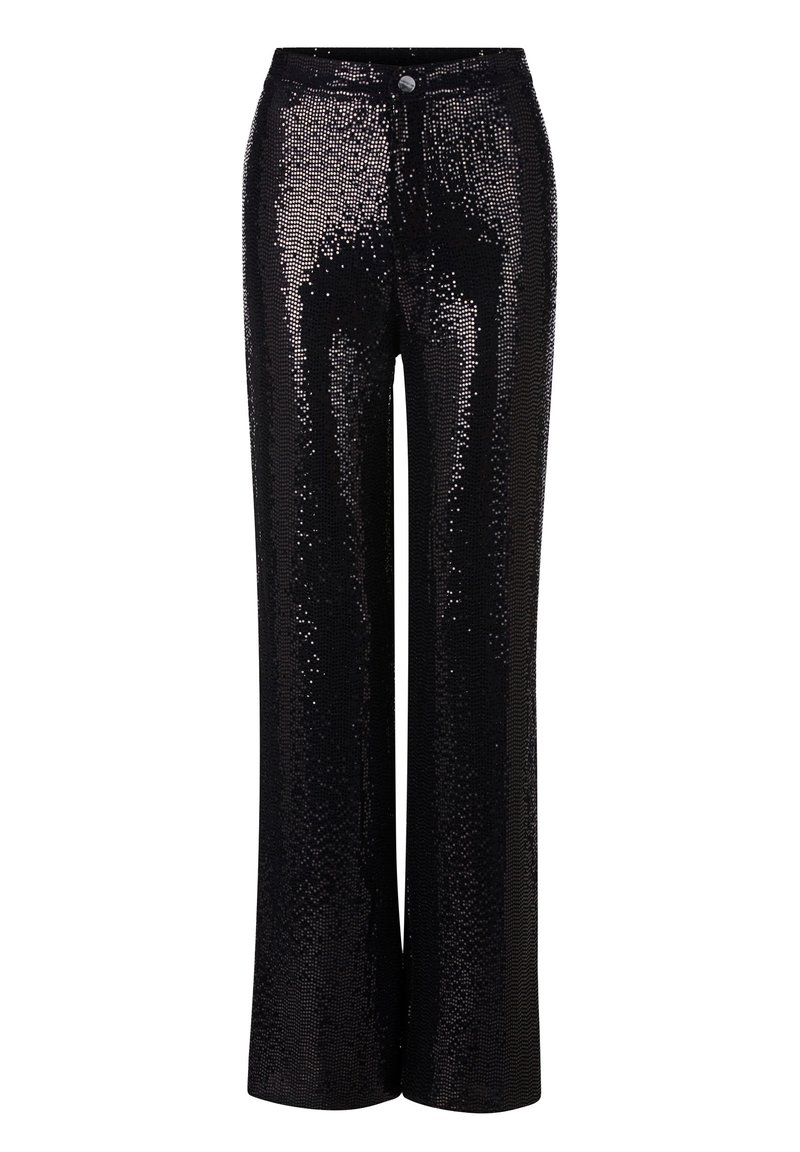 Czarne szerokie spodnie z cekinami o gładkiej, błyszczącej fakturze, z zapięciem na guziki z przodu i prostym krojem.