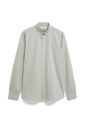 Lichtgroen shirt met lange mouwen gemaakt van zachte stof, met een button-downkraag, knopen aan de voorkant en een klein logo op de linkerborst.