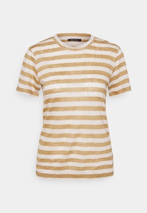 Kortærmet rundhalset t-shirt med beige og hvide vandrette striber, vist på en ensfarvet baggrund.