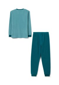 Top de forro polar verde azulado de mangas largas con cuello redondo y pantalones jogger a juego con cintura elástica y puños. Textura suave en toda su superficie.