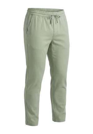 Pantaloni casual verde chiaro con vita elasticizzata e coulisse, gambe dritte e tasche laterali, mostrati su uno sfondo bianco.