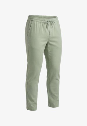 Pantaloni casual verde chiaro con vita elasticizzata e coulisse, gambe dritte e tasche laterali, mostrati su uno sfondo bianco.