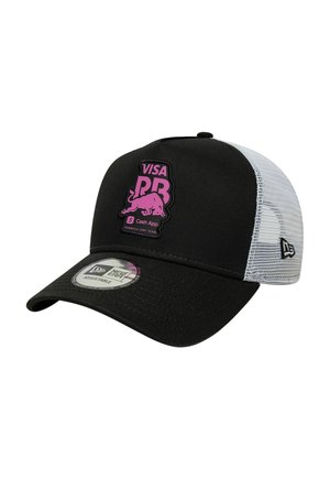 Black and white mesh baseball cap with pink Visa PR logo, charging bull graphic, and sponsor text on front panel.