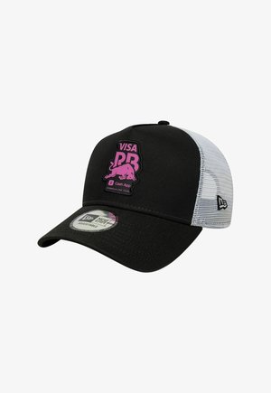 Black and white mesh baseball cap with pink Visa PR logo, charging bull graphic, and sponsor text on front panel.