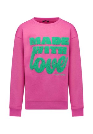 Roze sweatshirt met een groene, textuur-achtige "MADE WITH LOVE" opdruk. Heeft een ronde hals en lange mouwen. Glad stof met geribbelde manchetten.