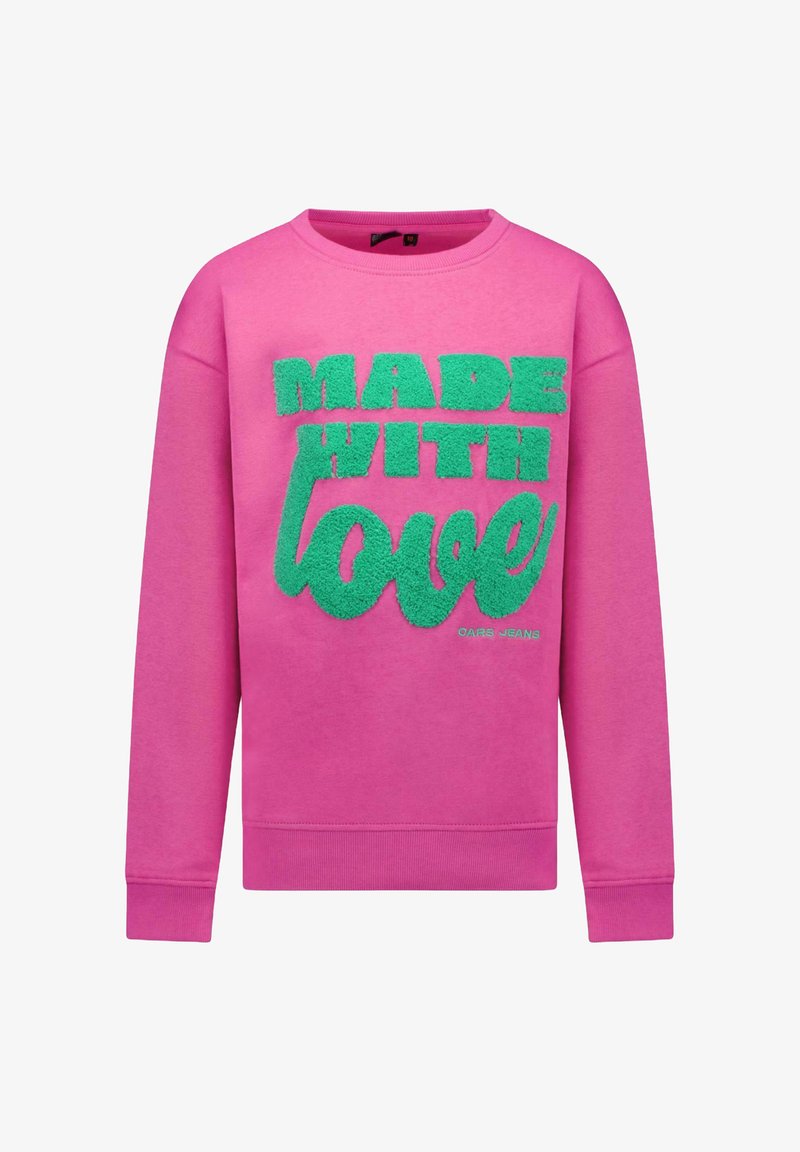 Roze sweatshirt met een groene, textuur-achtige "MADE WITH LOVE" opdruk. Heeft een ronde hals en lange mouwen. Glad stof met geribbelde manchetten.