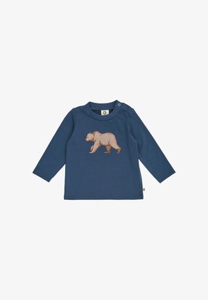 Donkerblauw t-shirt voor peuters met lange mouwen, ronde hals en een afbeelding van een lopende beer aan de voorkant.