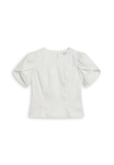 Blusa bianca con maniche corte a sbuffo, caratterizzata da un motivo floreale textures. Collo rotondo e chiusura con bottoni sul retro. Tessuto liscio.