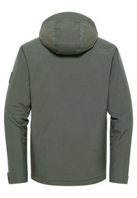 Green waterproof jacket with a hood, featuring a smooth texture, adjustable cuffs, and a minimalist design. Back view shows no visible branding.