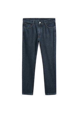 Mörkblå denimjeans med rak benform, femficksdesign och knäppning i midjan. Slät textur och kraftigt tyg.