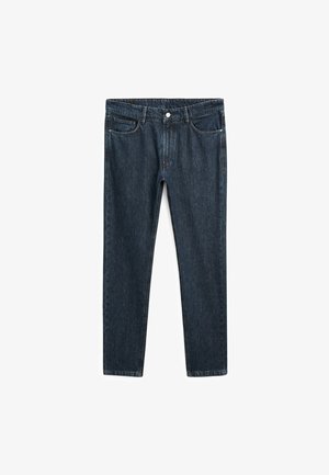 Donkerblauwe spijkerbroek met een rechte pasvorm, vijf pocketontwerp en een knoopsluiting bij de taille. Soepele textuur en stevig materiaal.