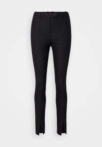 Svarta skräddarsydda byxor med slim fit, med framvikt och sidofickor vid fållen för extra detalj. Tillverkade av ett slätt och mjukt tyg.