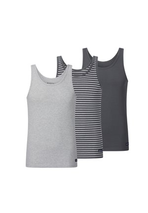 Three tank tops: one light gray, one dark gray, and one dark gray with white stripes. Made of soft fabric with round necklines and sleeveless design.