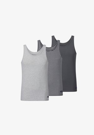 Three tank tops: one light gray, one dark gray, and one dark gray with white stripes. Made of soft fabric with round necklines and sleeveless design.