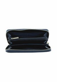 Portefeuille à fermeture éclair en cuir bleu foncé. Comprend plusieurs emplacements pour cartes, un compartiment pour pièces de monnaie et une doublure intérieure lisse. Fermeture éclair métallique durable.