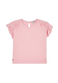 Rosa Kurzarm-T-Shirt mit Rüschensleeves, Ausschnitt hinten und durchbrochenen Akzenten an den Schultern. Hergestellt aus weichem Baumwollstoff.
