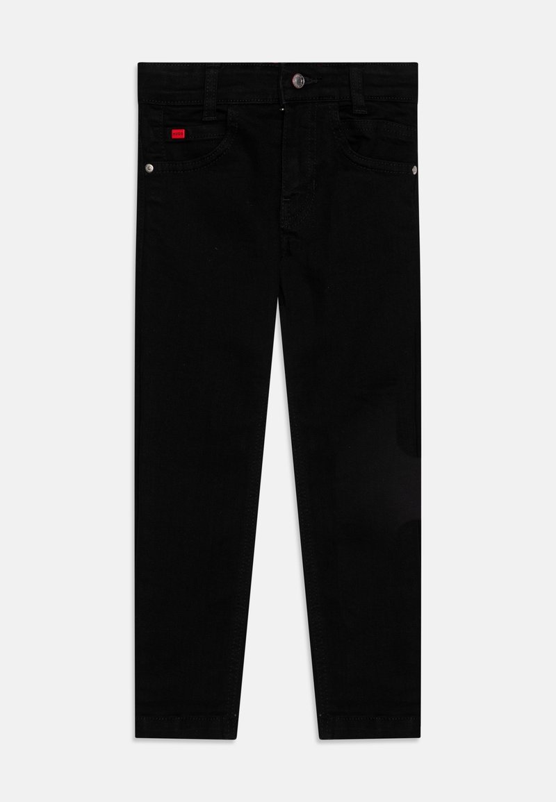 Black denim pants featuring a slim fit, five-pocket design, front button and zip closure, and a small red logo patch on the pocket.