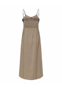 Robe midi beige sans manches avec fines bretelles ajustables et panneau corsage smocké.