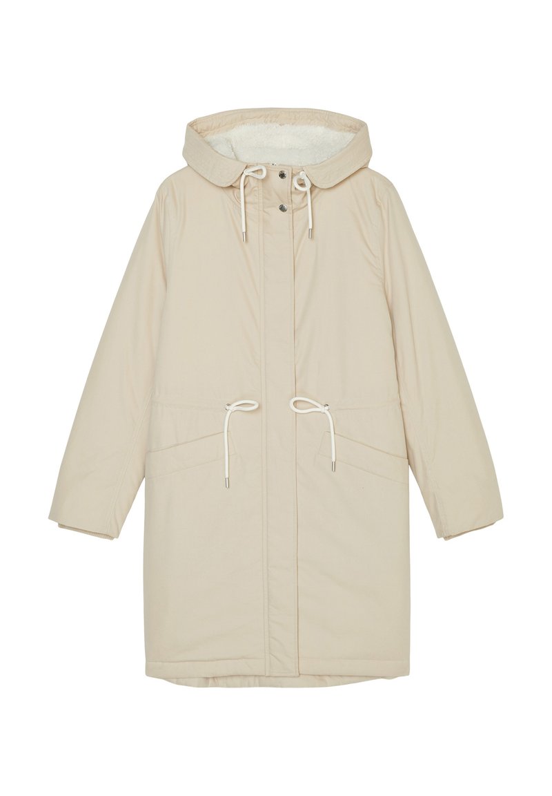 Beige langer Winterparka mit Kapuze, Frontreißverschluss und Druckknöpfen, verstellbare Kordelzüge an Taille und Kapuze sowie weicher Innenfutter.
