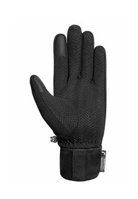 Schwarze Handschuhe mit einem Fischgrätenmuster, ausgestattet mit einer strukturierten Handfläche und einem verstärkten Daumen. Der Bündchen ist elastisch und umfasst einen Zugmechanismus.