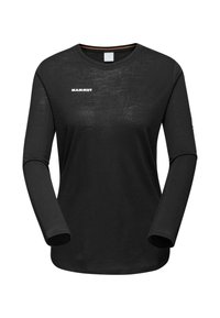 Svart långärmad tröja i lätt material med rund halsringning, med en vit "MAMMUT"-logga på bröstet.