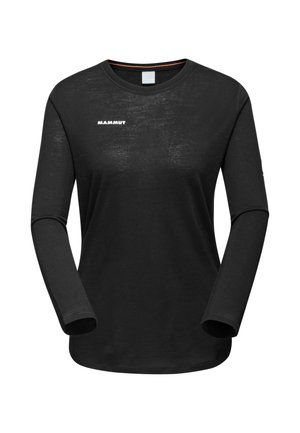 Black long-sleeve shirt made of lightweight material with a round neckline, featuring a white "MAMMUT" logo on the chest.