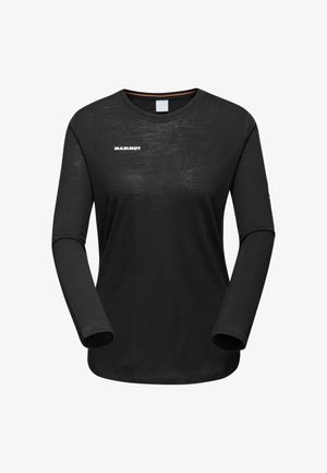 Zwarte lange mouwen shirt van lichtgewicht materiaal met een ronde halslijn, met een wit "MAMMUT" logo op de borst.