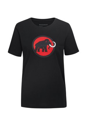 T-shirt in cotone nero con un logo circolare rosso che presenta il profilo di un elefante nero e un'unica zanna bianca, maniche corte e scollatura rotonda.