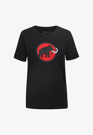 Zwarte katoenen T-shirt met een circulair rood logo dat de silhouet van een zwarte olifant met een witte slagtand weergeeft, korte mouwen en een ronde hals.