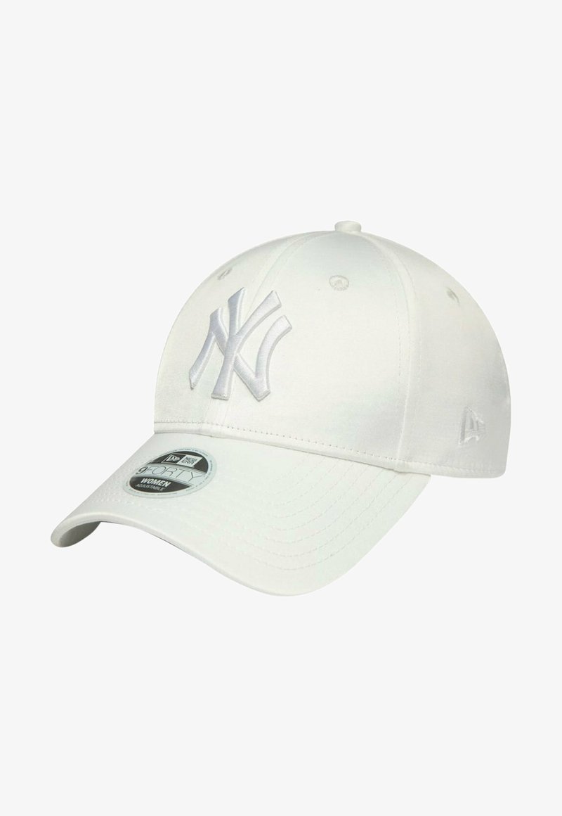 White baseball cap made of smooth fabric featuring an embroidered white "NY" logo and a structured brim. Adjustable size tag visible.