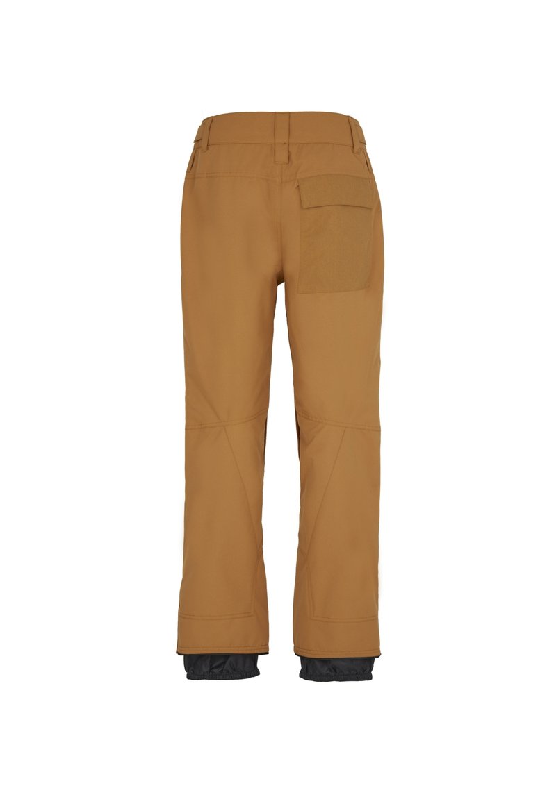 Tanfarbene Skihosen mit flachem Bund und einer Gesäßtasche. Die unteren Hosenbeine haben einen schwarzen, elastischen Bund. Glatter Stoff, verstärkte Nähte.