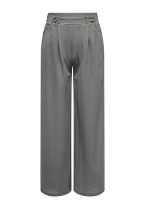 Pantalons larges gris en tissu léger, avec des plis, deux poches latérales et des accents de boutons à la taille.