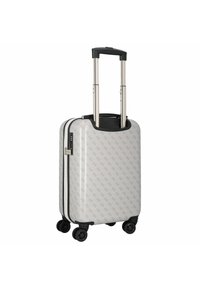 Hartschalen-Handgepäckkoffer in Weiß mit subtilen Logo-Muster, schwarzen Akzenten, ausziehbarem Griff und vier Spinner-Rädern für einfache Mobilität.