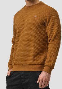 Brązowa teksturowana bluza z okrągłym dekoltem, prążkowanymi mankietami i dołem, z małym logo na piersi. Tkanina wydaje się miękka i ciepła.