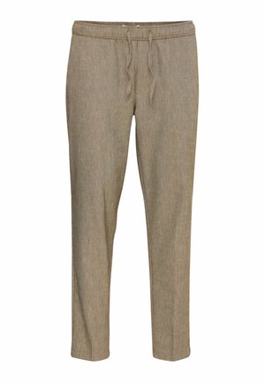Pantaloni beige a gamba affusolata realizzati in tessuto testurizzato, dotati di una vita elasticizzata con cordino e senza tasche visibili.
