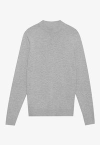 Grau pullover Pullover, gerippter Rundhalsausschnitt, lange Ärmel, weiche Textur, schlanke Passform, minimalistisches Design, keine sichtbaren Muster oder Akzente.