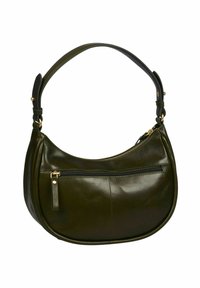 Bolso de mano en forma de media luna de cuero verde oscuro con una sola correa y bolsillo frontal con cremallera y herrajes en oro, sobre un fondo blanco.